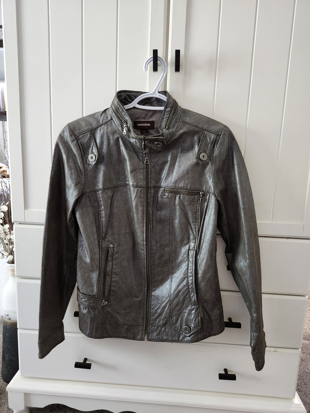 Danier Metallic Charcoal Leather Moto Jacket